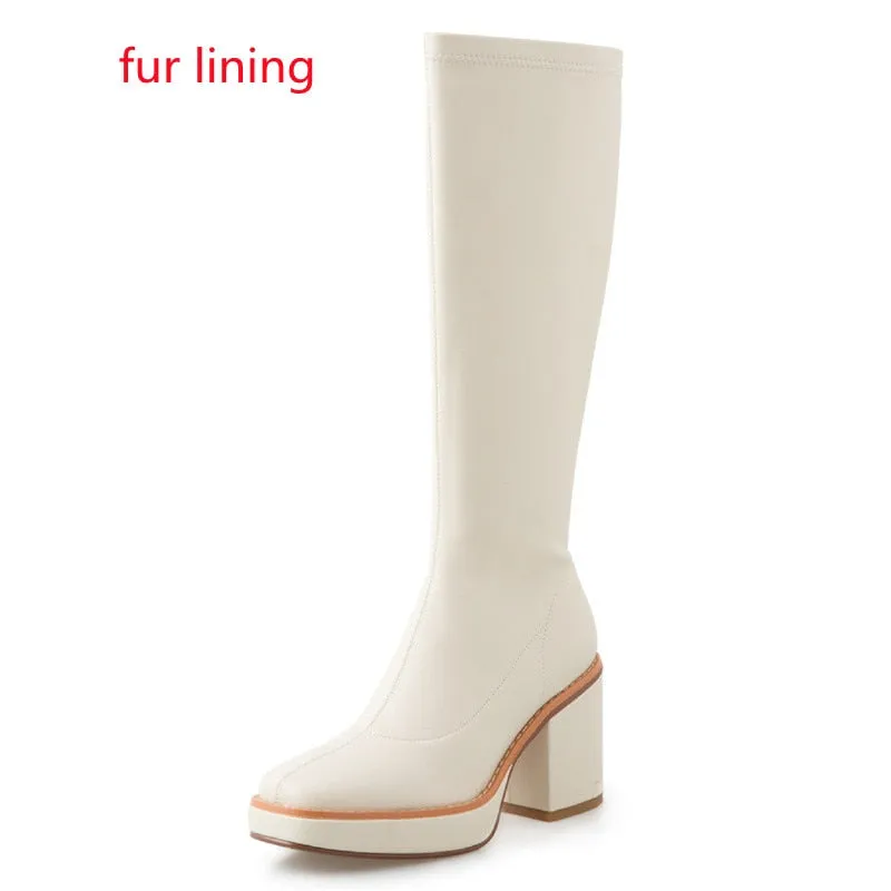 Amozae- 2024 Leather Tall High Women Boots platform Thick Heels Square Toe Knee High Boots Autumn Winter Warm Ladies Shoes Designer