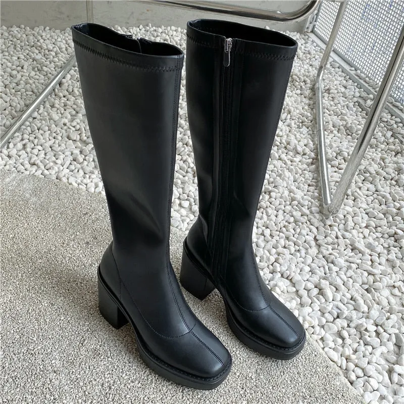 Amozae- 2024 Leather Tall High Women Boots platform Thick Heels Square Toe Knee High Boots Autumn Winter Warm Ladies Shoes Designer