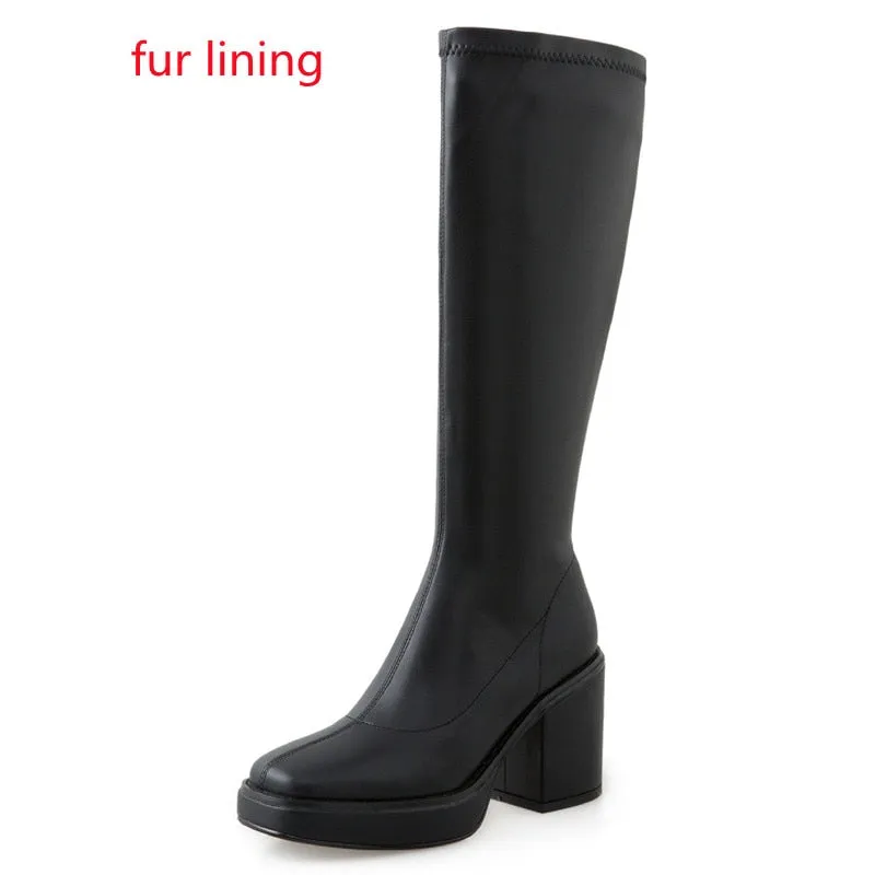 Amozae- 2024 Leather Tall High Women Boots platform Thick Heels Square Toe Knee High Boots Autumn Winter Warm Ladies Shoes Designer
