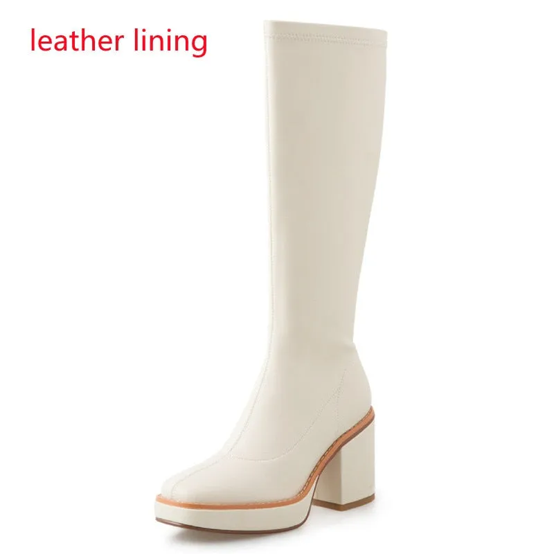 Amozae- 2024 Leather Tall High Women Boots platform Thick Heels Square Toe Knee High Boots Autumn Winter Warm Ladies Shoes Designer