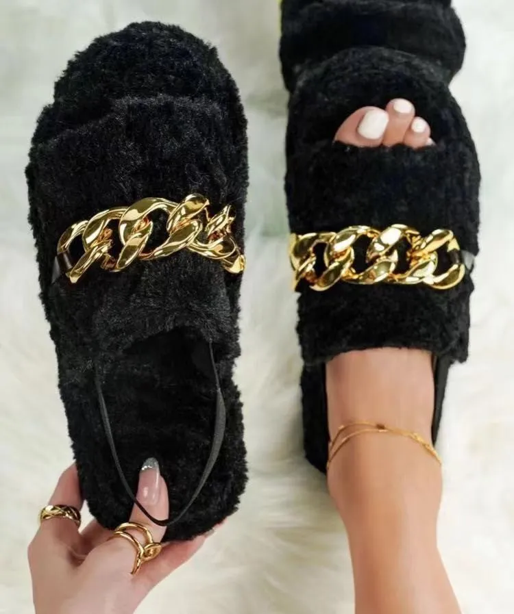 Animal Print Chain Plush Slippers