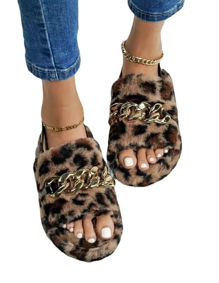 Animal Print Chain Plush Slippers