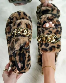 Animal Print Chain Plush Slippers