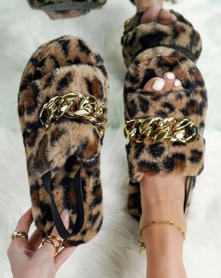 Animal Print Chain Plush Slippers