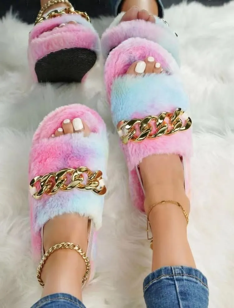 Animal Print Chain Plush Slippers