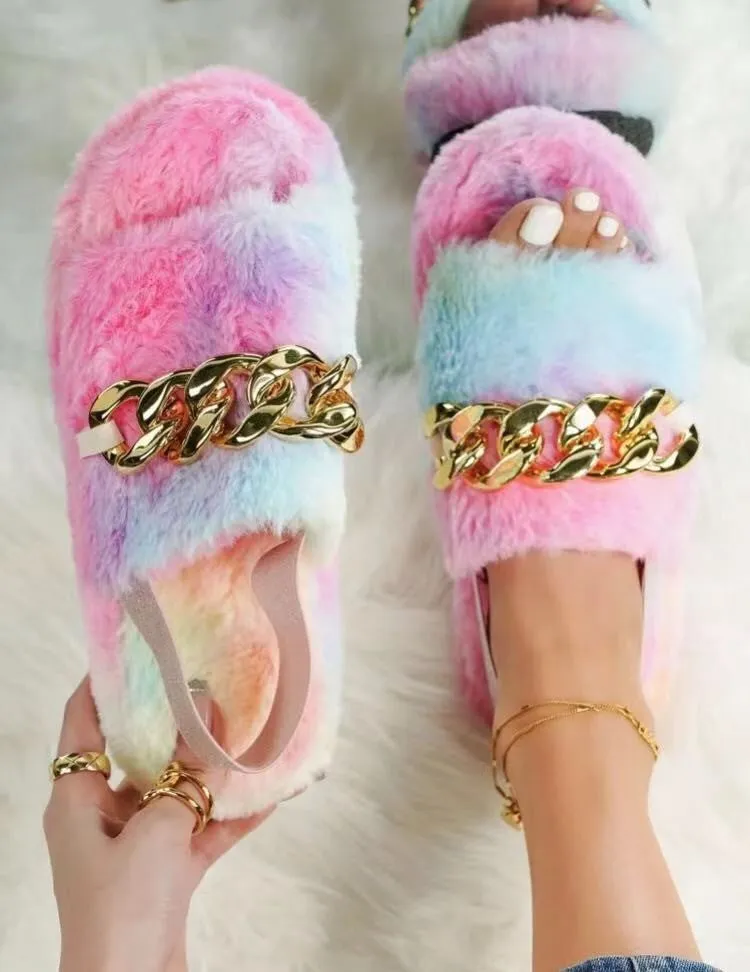 Animal Print Chain Plush Slippers