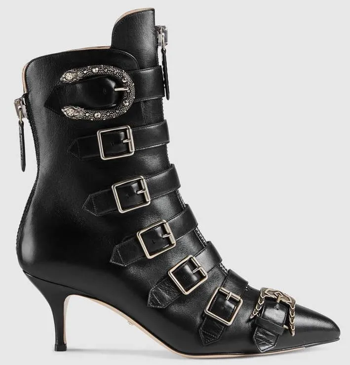 Black Leather Buckle Ankle Boots