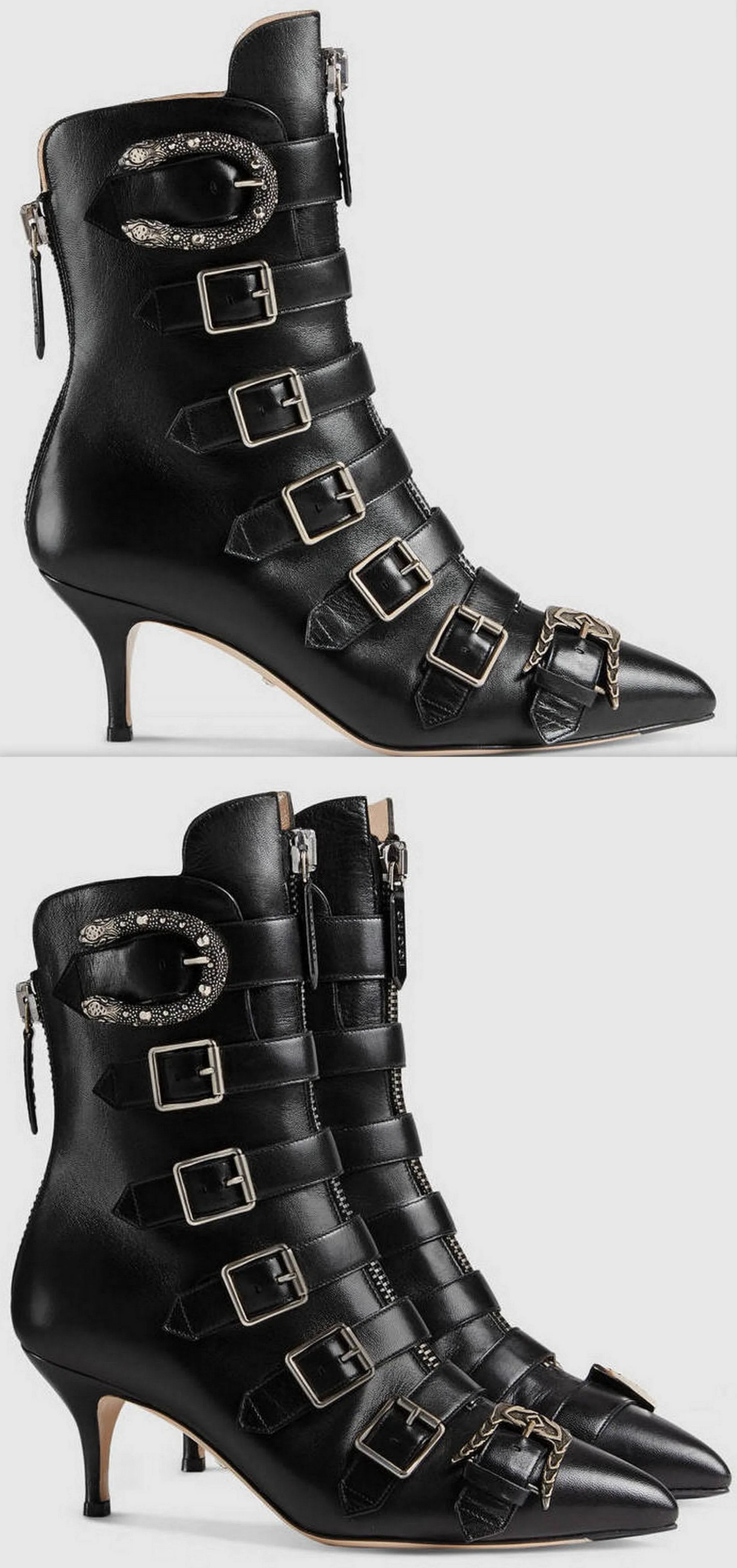 Black Leather Buckle Ankle Boots