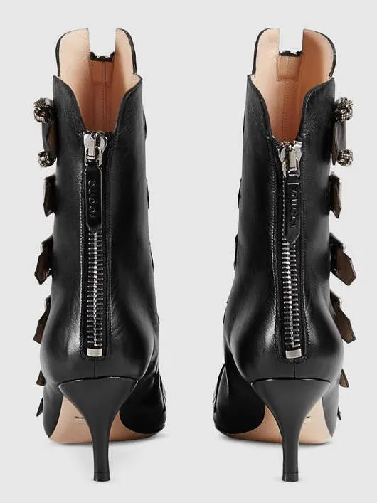 Black Leather Buckle Ankle Boots