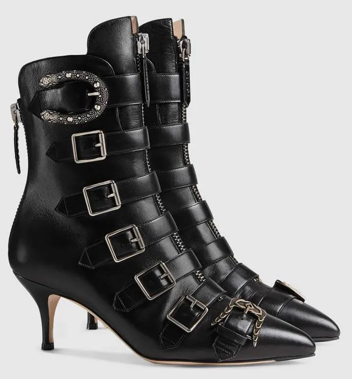 Black Leather Buckle Ankle Boots