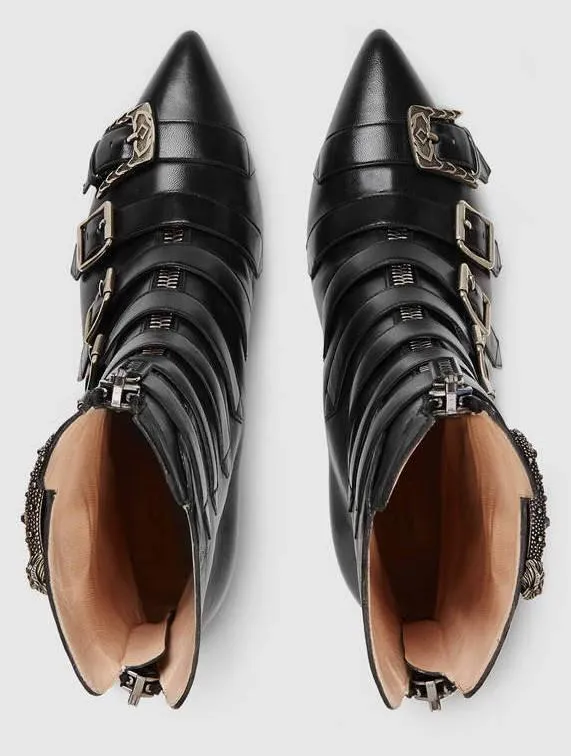 Black Leather Buckle Ankle Boots