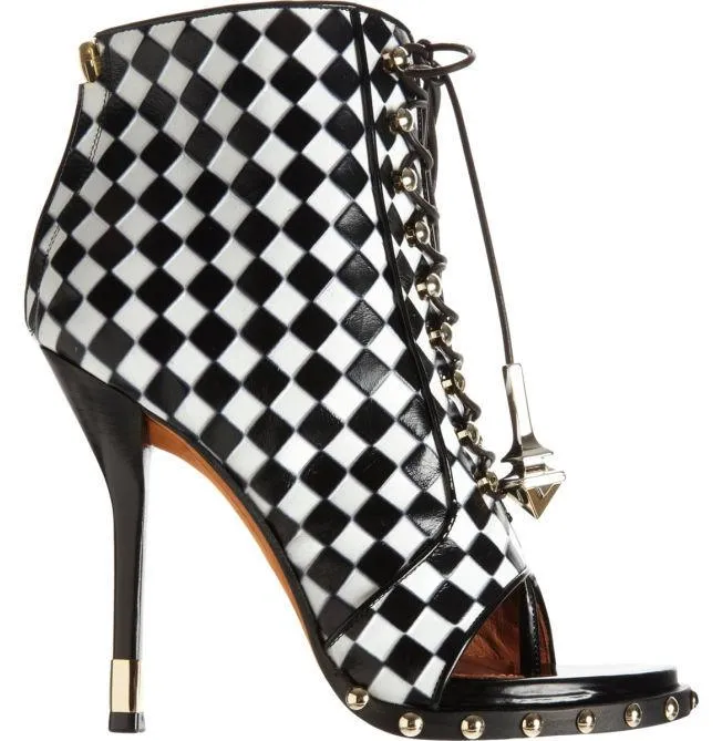 Check-Embossed Lace-Up Ankle Boot