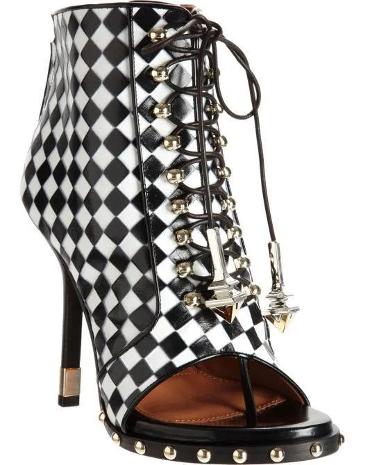 Check-Embossed Lace-Up Ankle Boot