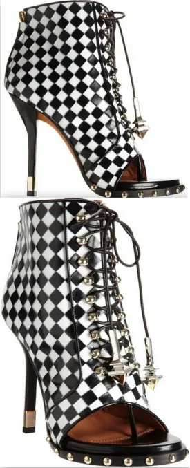 Check-Embossed Lace-Up Ankle Boot