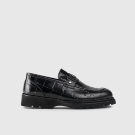Chunky Sole Dress Loafers 60014 Black Croc