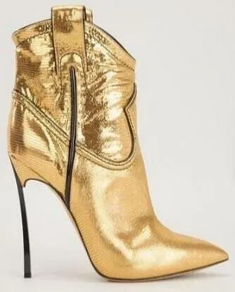 Cowboy Metallic Leather Stiletto Ankle Boots - Gold or Silver