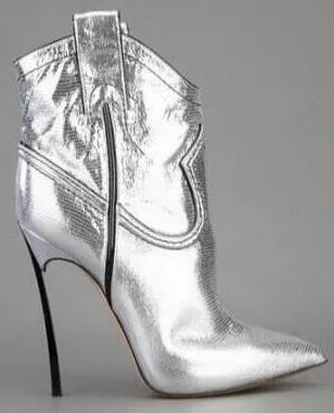 Cowboy Metallic Leather Stiletto Ankle Boots - Gold or Silver