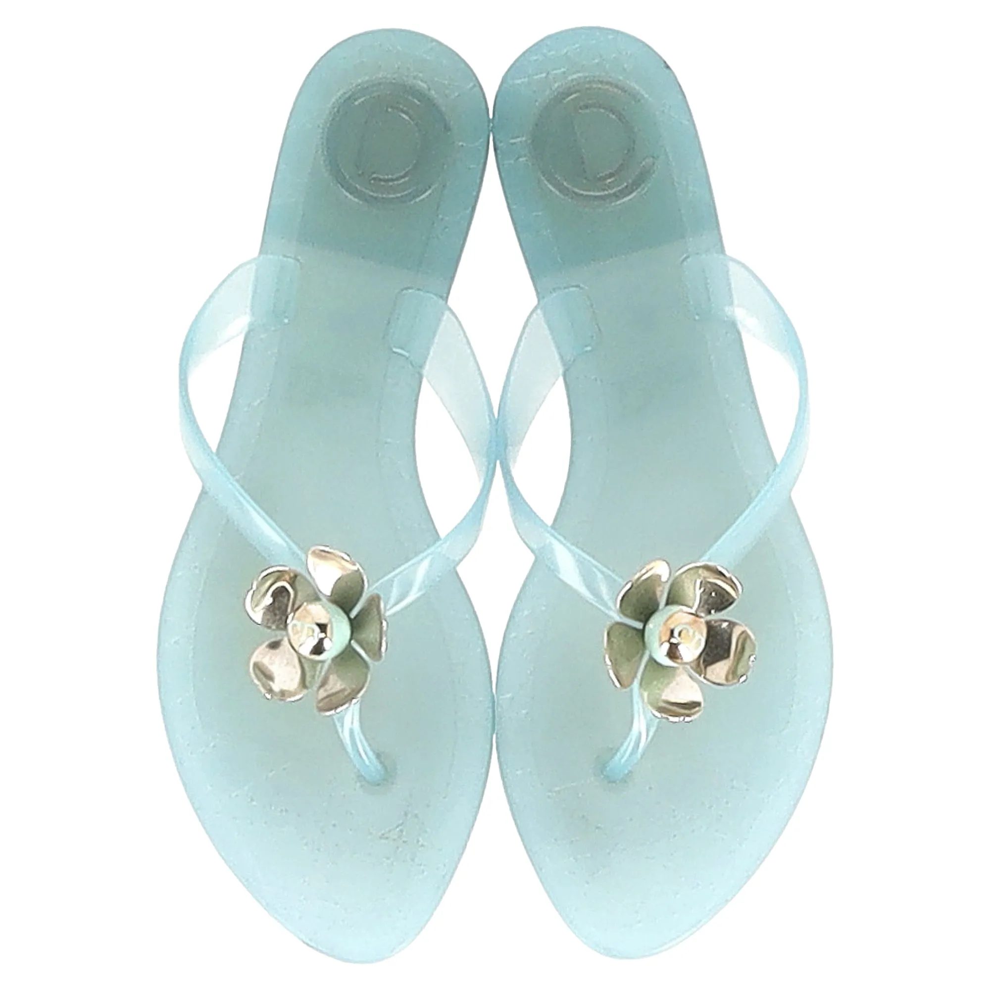 Dior Flower Detail Flip Flops in Light Blue Plastic