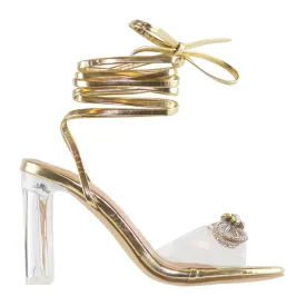 Dreamlike - Embellished Lace Up Heels, Clear Heel & Front Strap, Rhinestone Bow Accent, Glamorous Party Footwear, Bold & Elegant Design