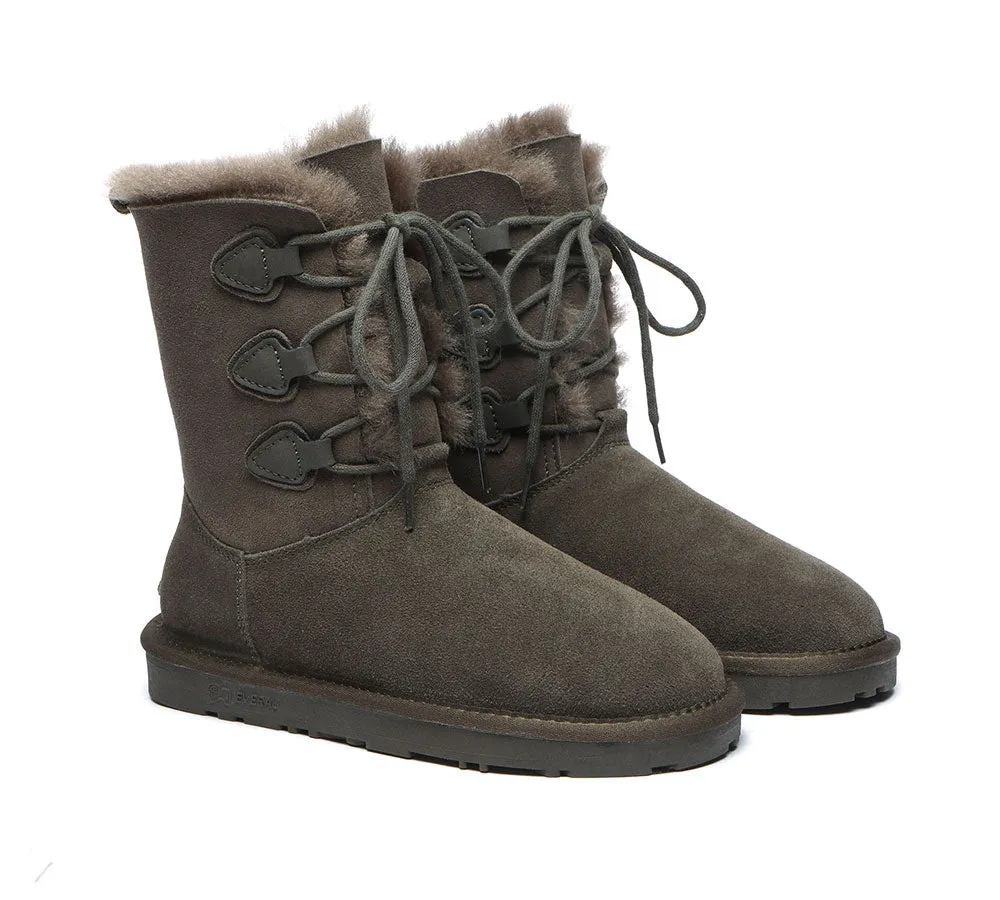 EVERAU® UGG Boots Women Sheepskin Wool Lace Up Tall Stark