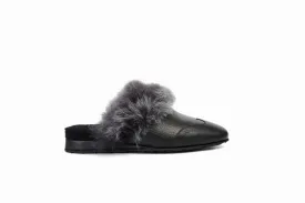 FOOT FEDERATION NATURAL FUR LINED WINGTIP MEN'S LEATHER SLIPPER BLACK
