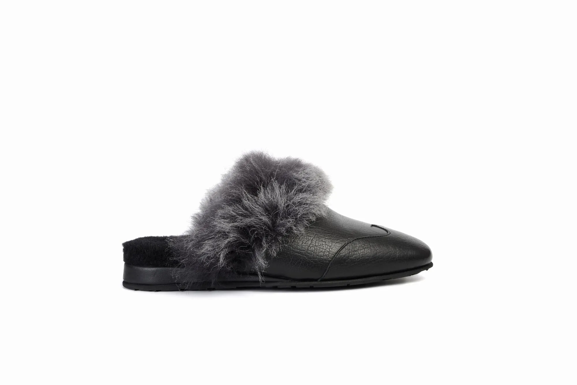 FOOT FEDERATION NATURAL FUR LINED WINGTIP MEN'S LEATHER SLIPPER BLACK