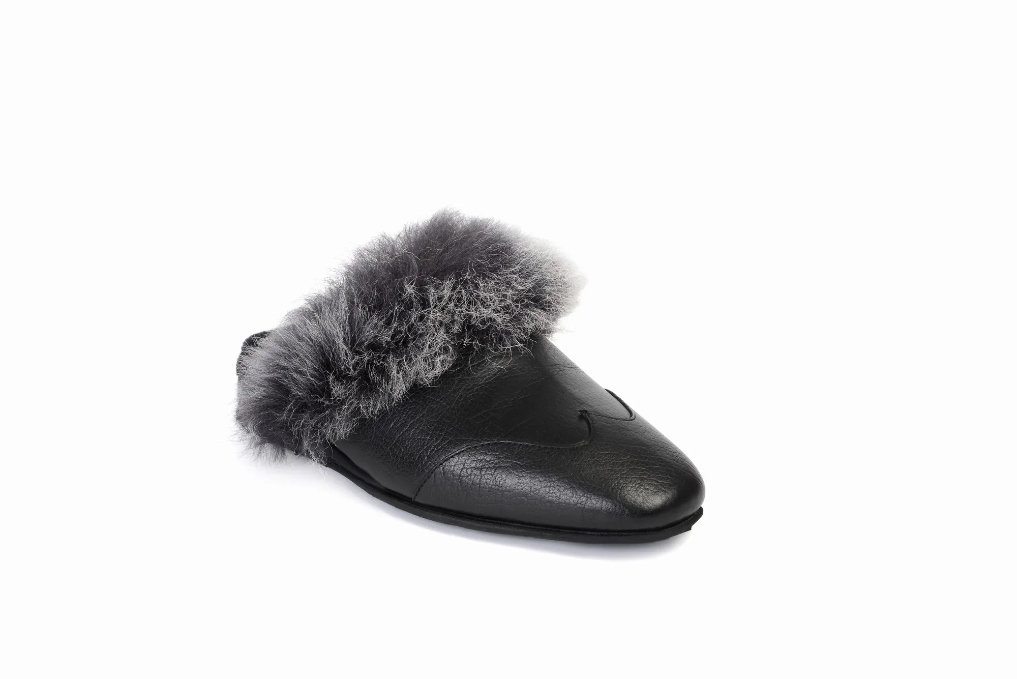 FOOT FEDERATION NATURAL FUR LINED WINGTIP MEN'S LEATHER SLIPPER BLACK