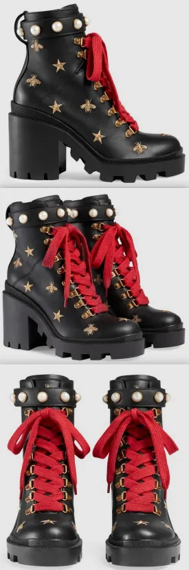 Leather Embroidered Ankle Boots