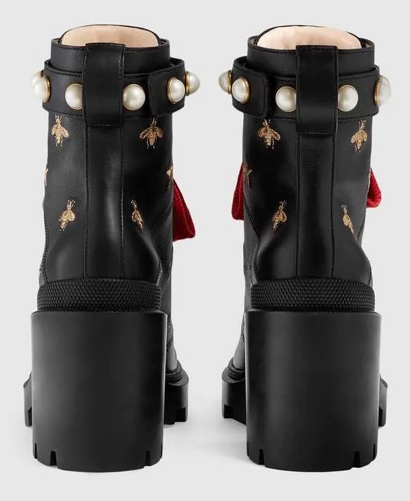 Leather Embroidered Ankle Boots