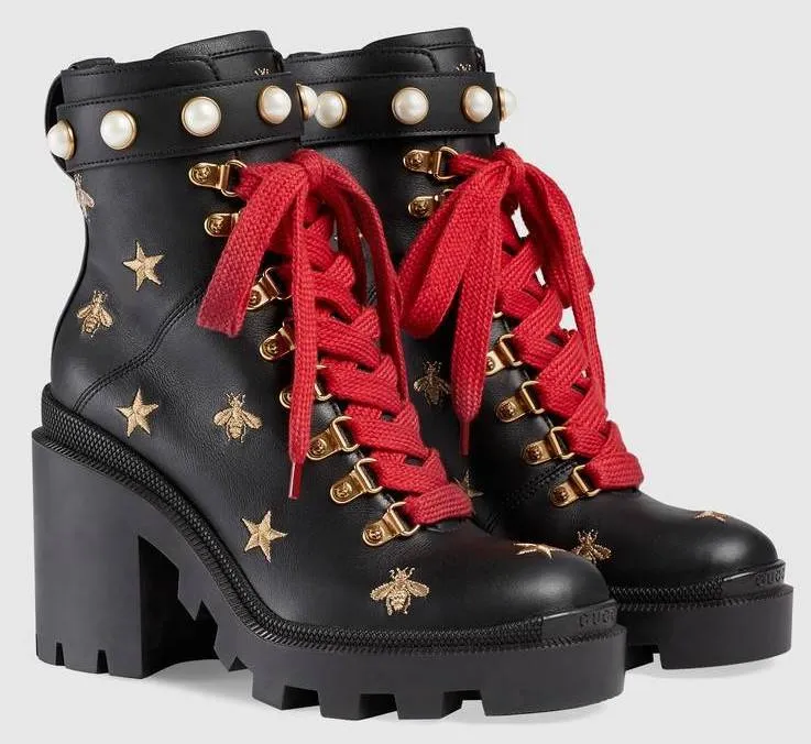Leather Embroidered Ankle Boots