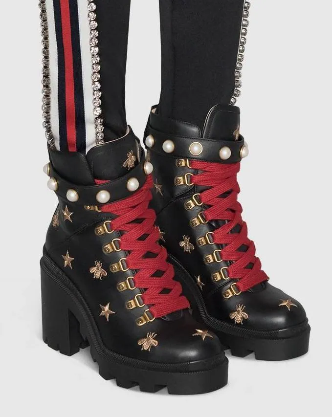 Leather Embroidered Ankle Boots