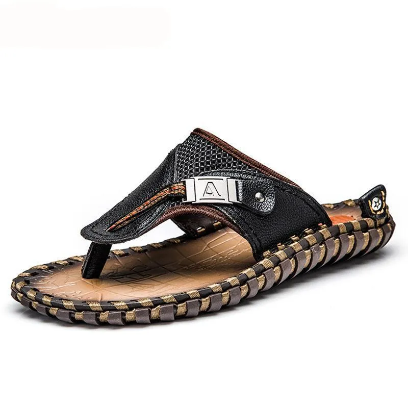 Men's Flip Flops Genuine Leather Sandals Summer Beach Casual Slippers Flats Slip-on Slipper