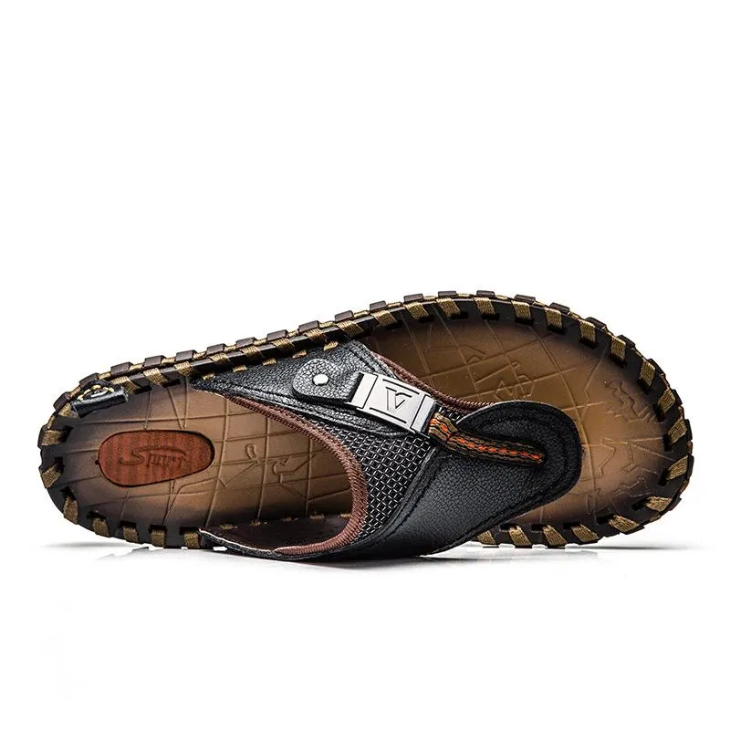 Men's Flip Flops Genuine Leather Sandals Summer Beach Casual Slippers Flats Slip-on Slipper