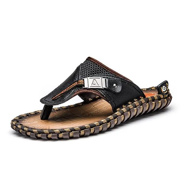 Men's Flip Flops Genuine Leather Sandals Summer Beach Casual Slippers Flats Slip-on Slipper
