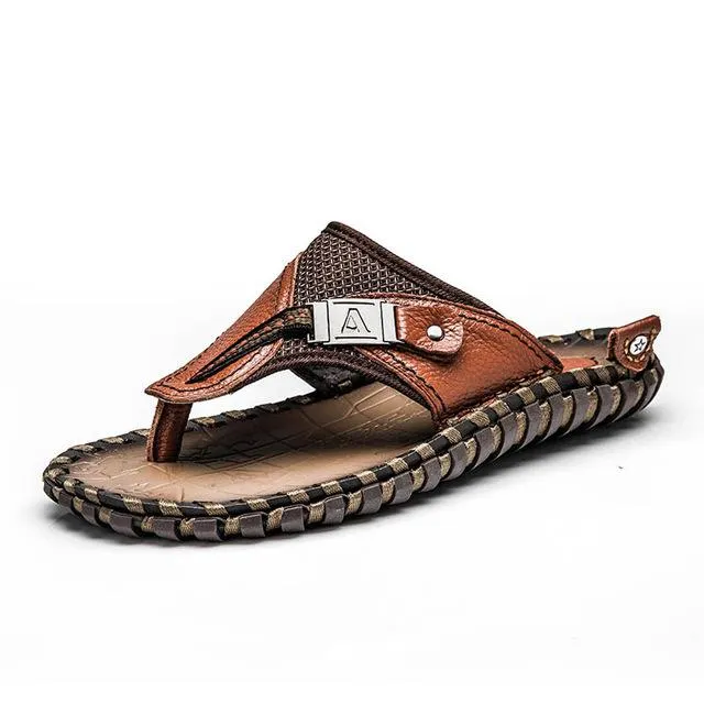 Men's Flip Flops Genuine Leather Sandals Summer Beach Casual Slippers Flats Slip-on Slipper