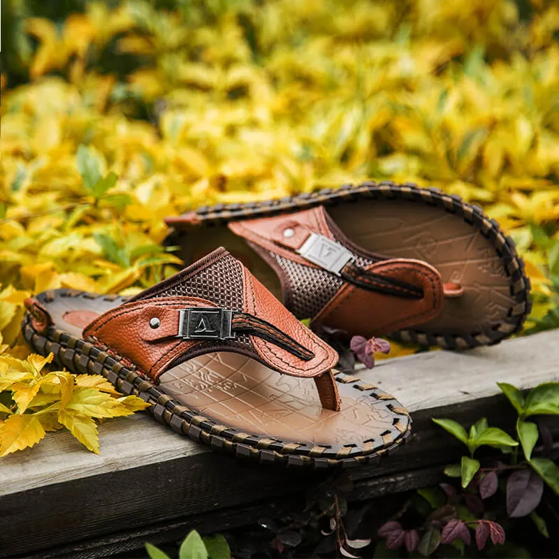 Men's Flip Flops Genuine Leather Sandals Summer Beach Casual Slippers Flats Slip-on Slipper