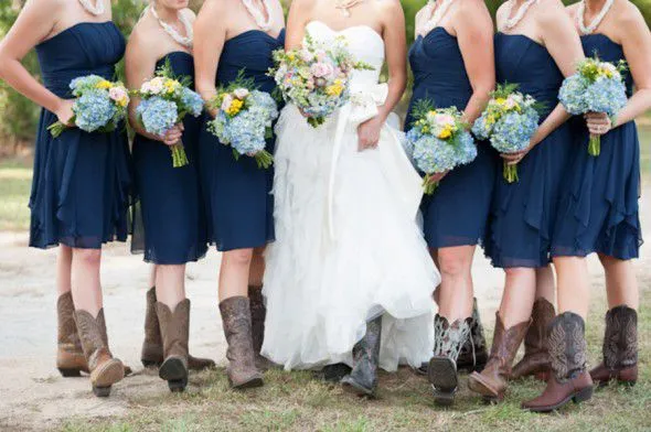 Navy Blue Country Style Strapless Chiffon Ruched Bridesmaid Dress with Boots