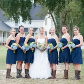 Navy Blue Country Style Strapless Chiffon Ruched Bridesmaid Dress with Boots