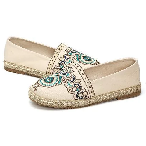 Pattern Vintage Embroidery Flax Soft Flat Loafers