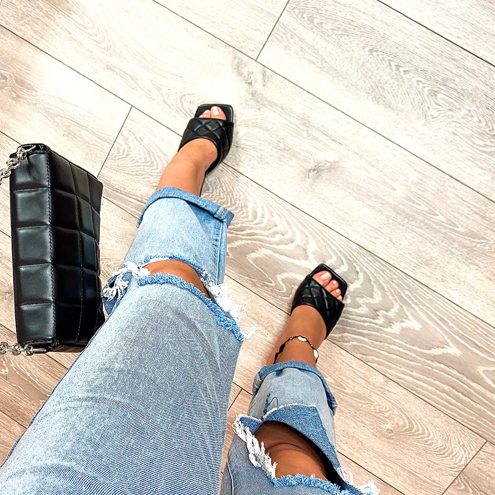 Penny Quilted Strap Square Toe Stiletto High Heeled Mules in Black Patent