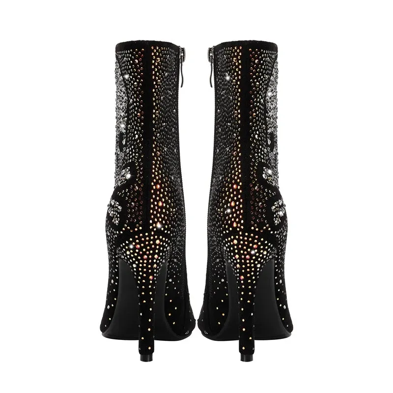Pointed Toe Rhinestone Super High Heels Women's Short Boots