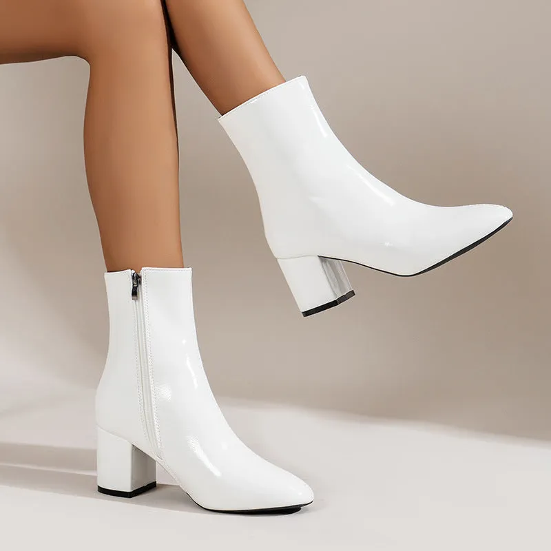 PU patent leather block heels square toe ankle boots with side zipper