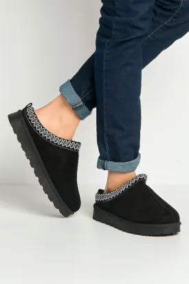 Sigrid Embroidered Faux Fur Lining Slippers in Black / Blue
