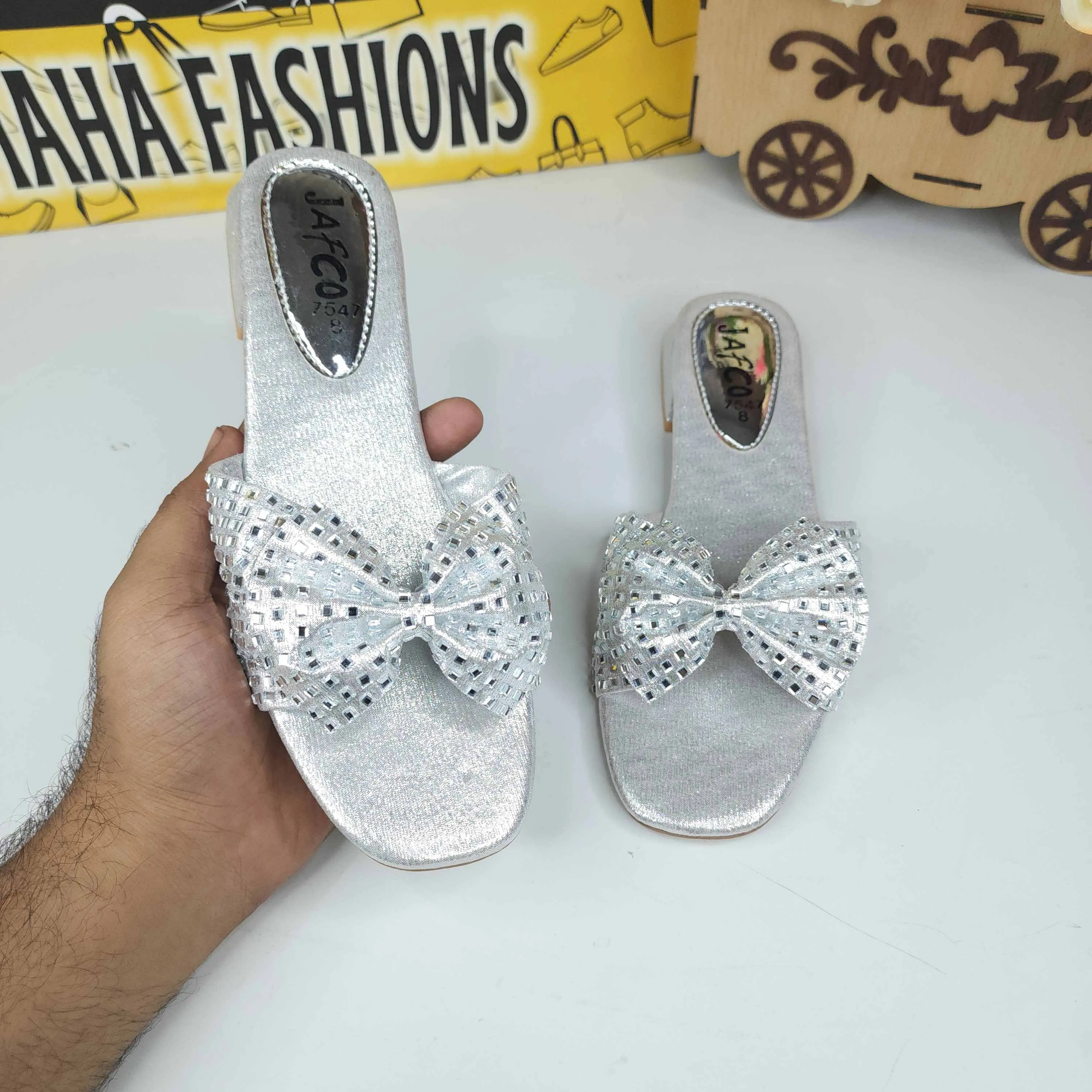 Silver Bow Slippers in Short Heel