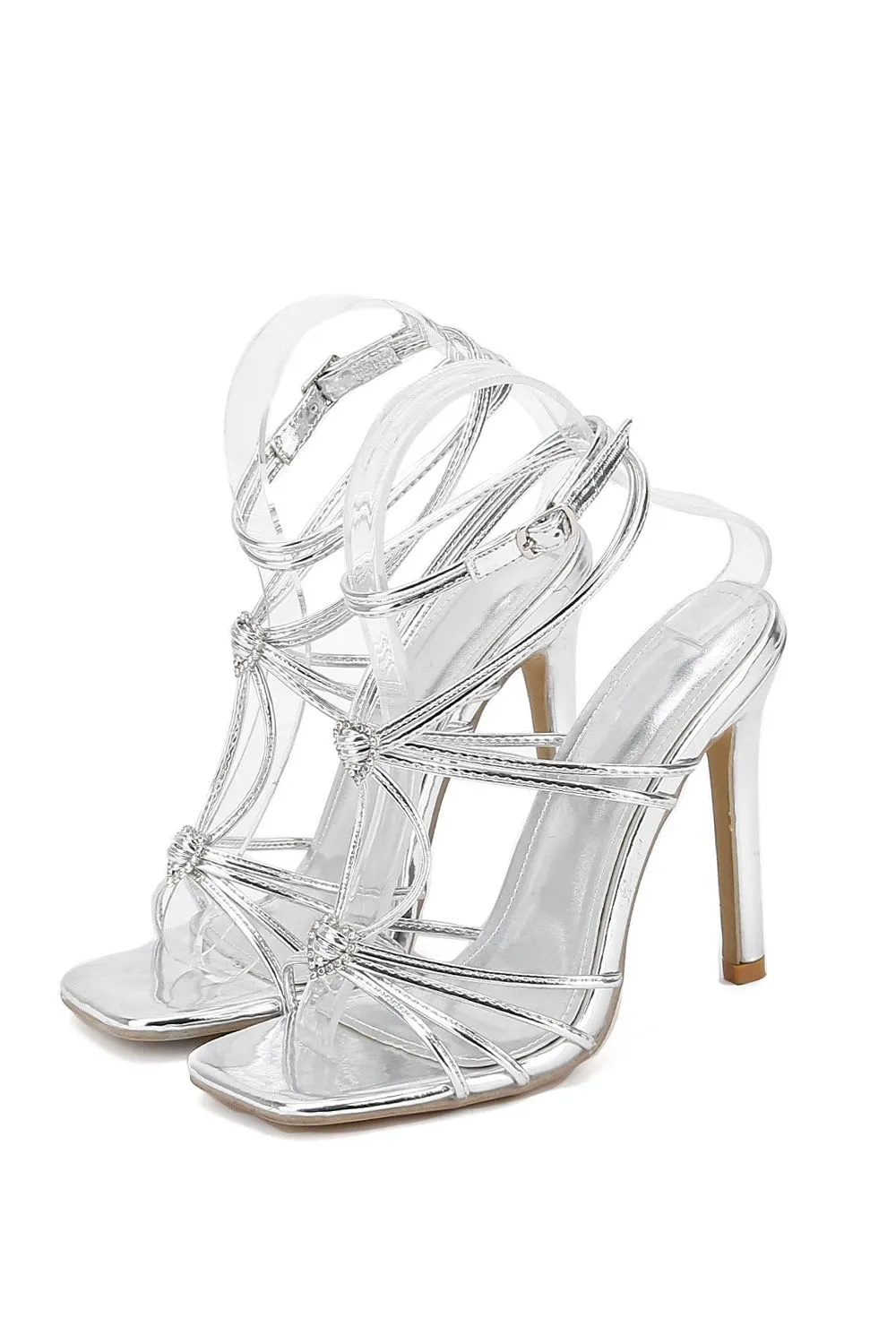 Square Toe Diamond Buckle Thin One-Strap Sandals Heels