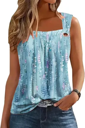 Summer Tank Tops for Women Pleated Square Neck O Ring Shoulder Sleeveless Shirts Casual Loose Fit Trendy Blouses