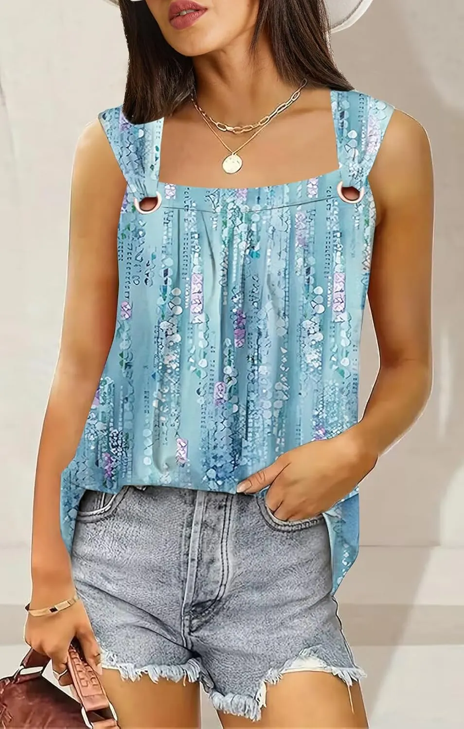 Summer Tank Tops for Women Pleated Square Neck O Ring Shoulder Sleeveless Shirts Casual Loose Fit Trendy Blouses